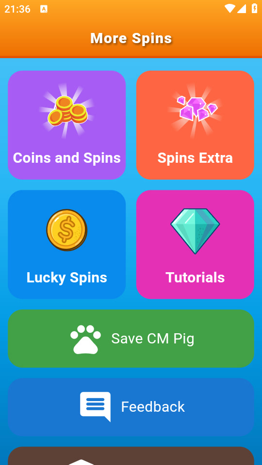 CMTopup home screen from its Google Play listing, showing the Spins Extra entry