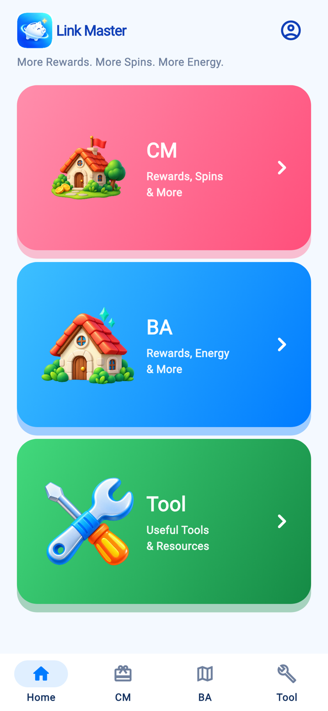 Link Master mobile app Home screen with CM, BA and Tool navigation