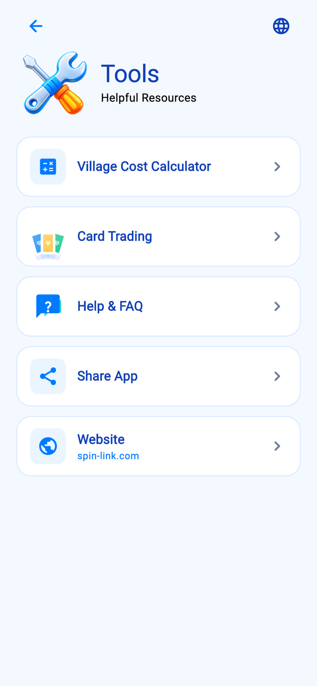 Link Master Tools screen with calculator, card trading, help and sharing options